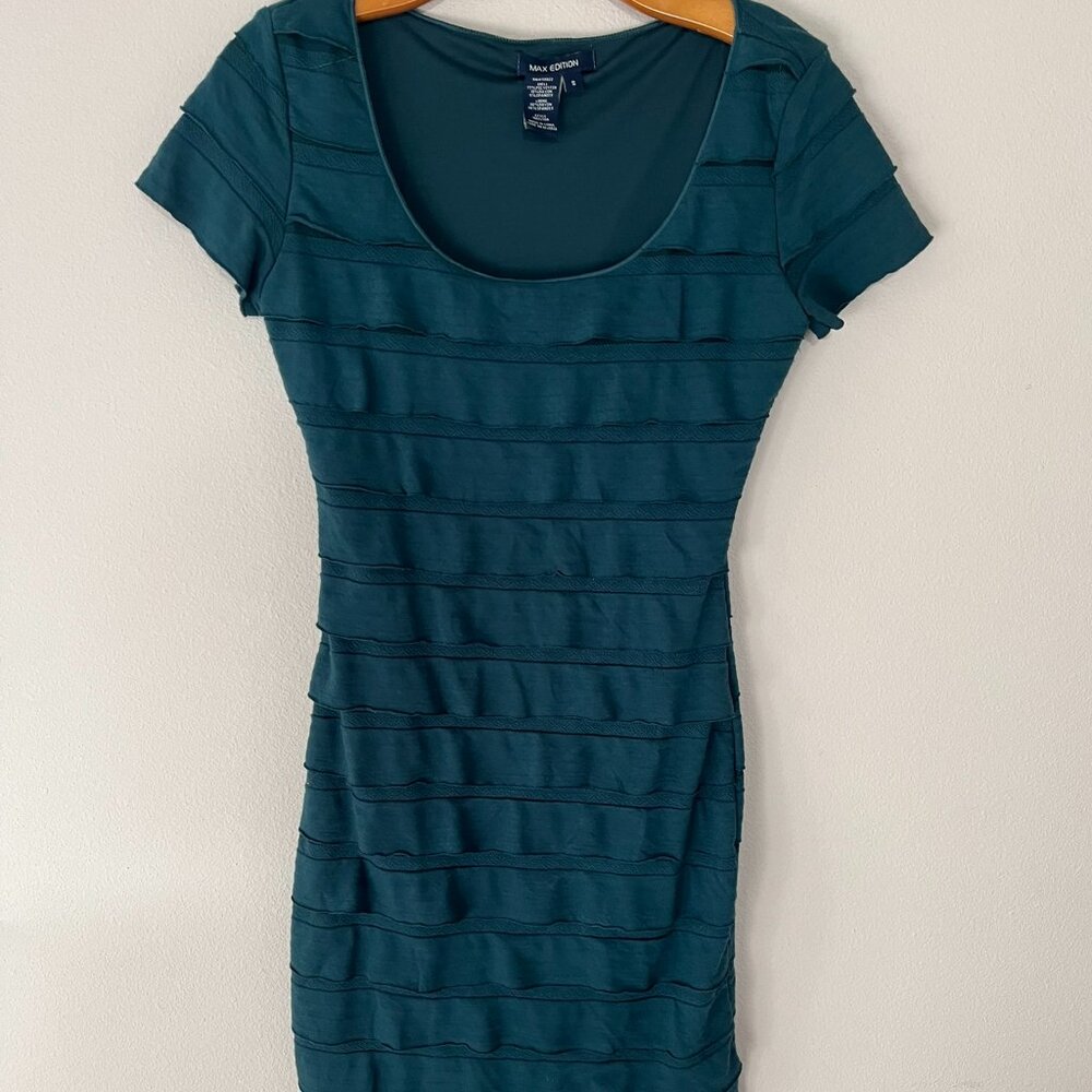 Max Studio Sheath Teal Dress Small with Scoop Neck, Bodycon Stretch with Layers